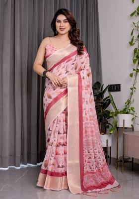 Pink Embroidered Linen Saree Set