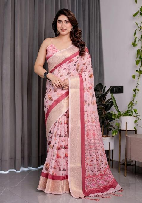 Pink Embroidered Linen Saree Set