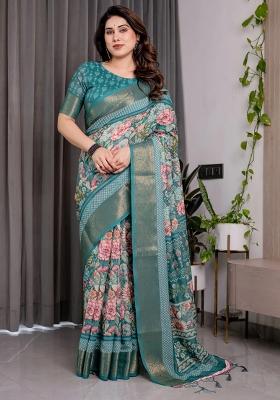 Green Embroidered Linen Saree Set