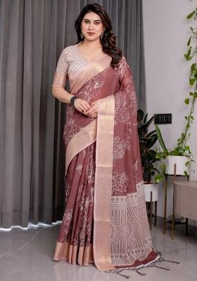 Maroon Embroidered Linen Saree Set