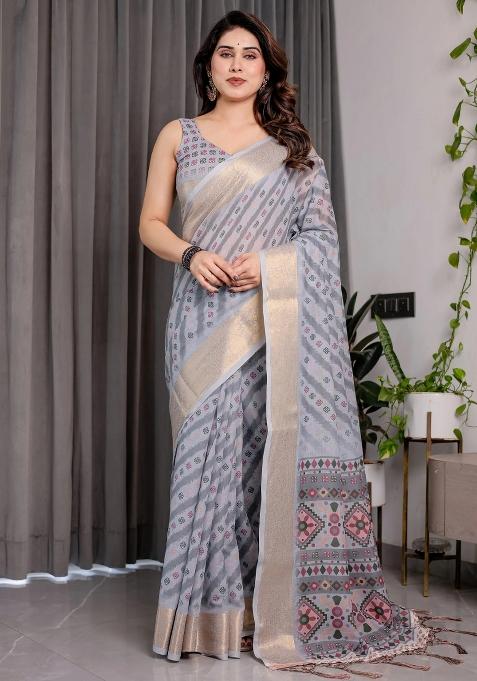 Grey Embroidered Linen Saree Set