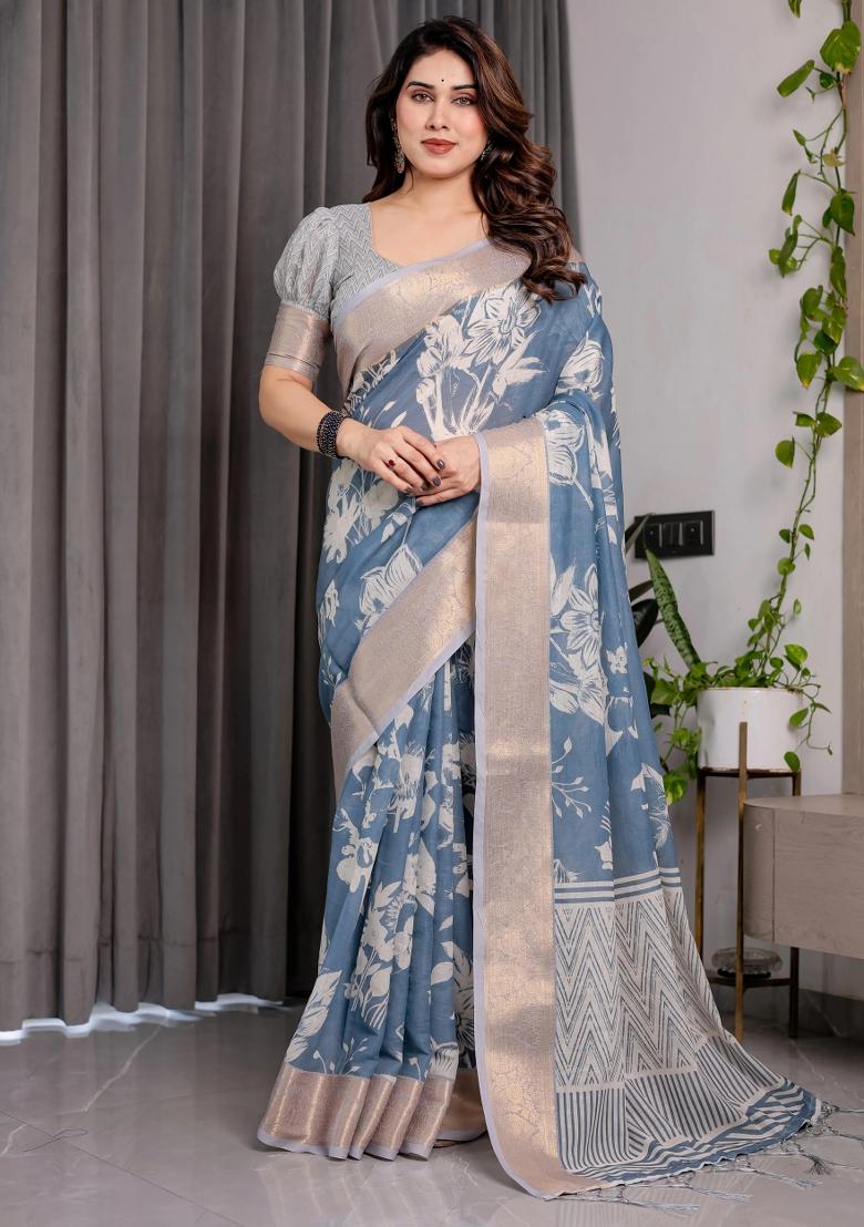 Blue Embroidered Linen Saree Set