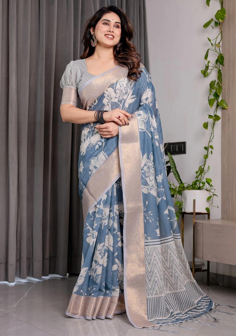 Blue Embroidered Linen Saree Set