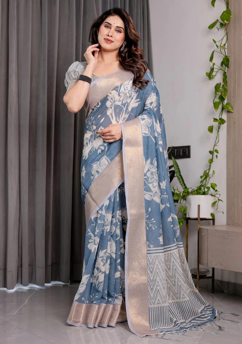 Blue Embroidered Linen Saree Set
