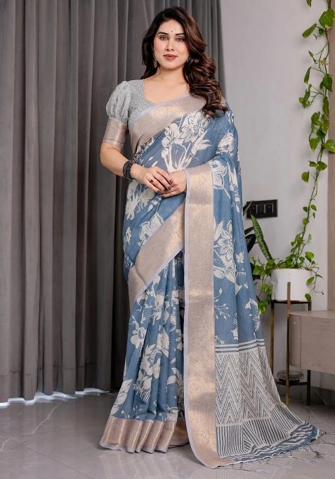 Blue Embroidered Linen Saree Set