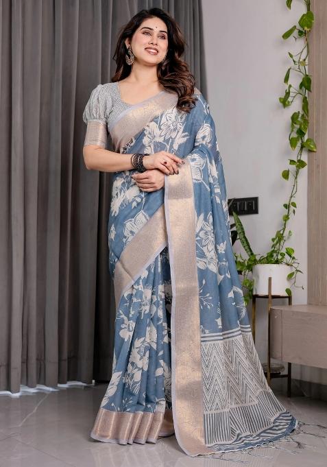 Blue Embroidered Linen Saree Set