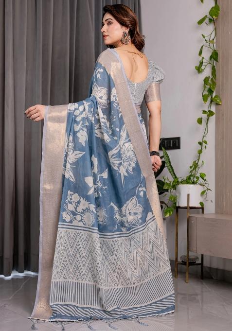 Blue Embroidered Linen Saree Set