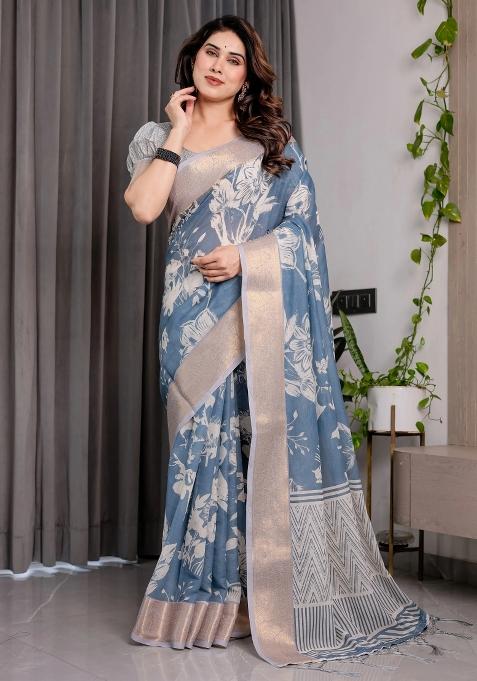 Blue Embroidered Linen Saree Set