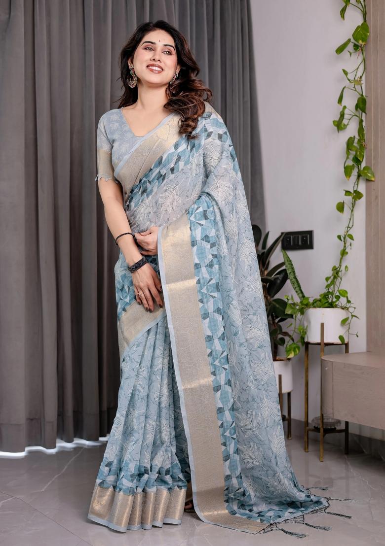 Blue Embroidered Linen Saree Set - Indya