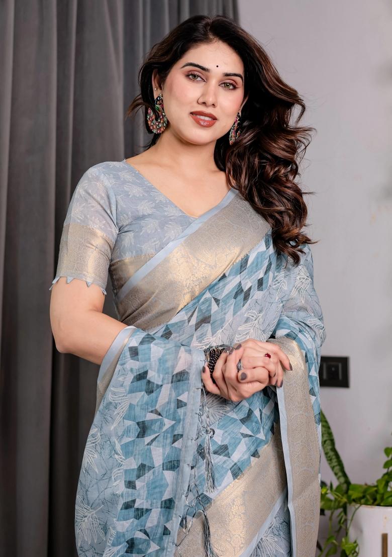 Blue Embroidered Linen Saree Set - Indya