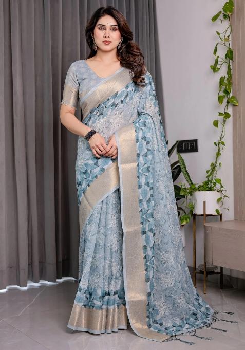 Blue Embroidered Linen Saree Set