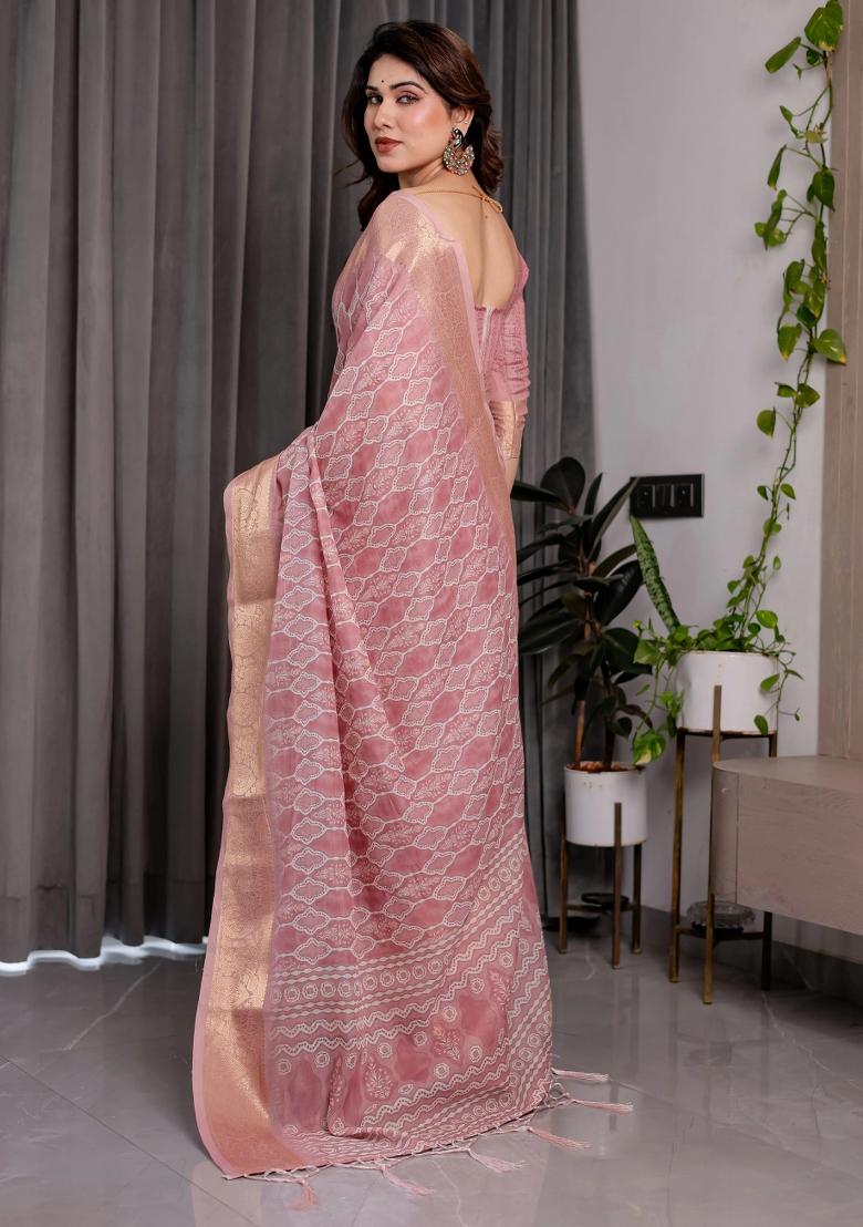 Pink Embroidered Linen Saree Set