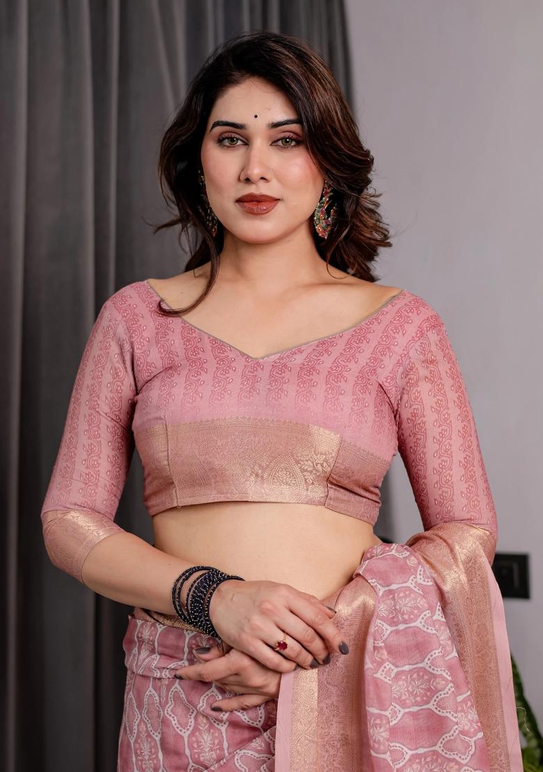 Pink Embroidered Linen Saree Set