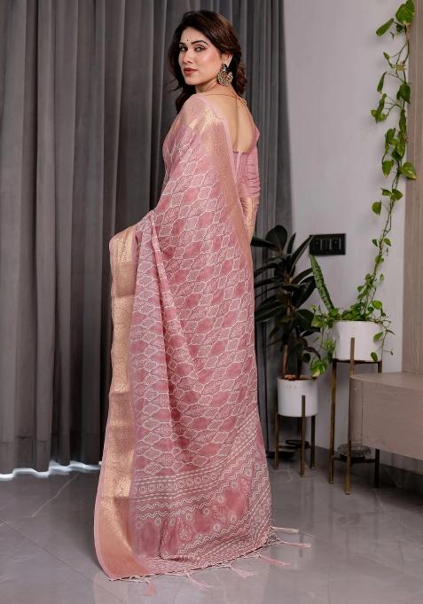 Pink Embroidered Linen Saree Set