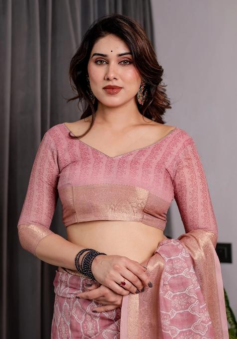 Pink Embroidered Linen Saree Set