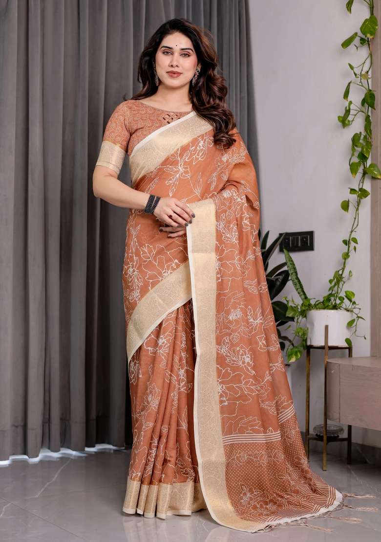 Brown Embroidered Linen Saree Set - Indya