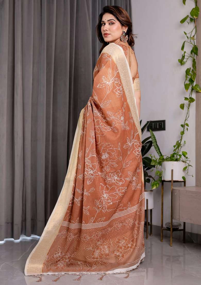 Brown Embroidered Linen Saree Set - Indya