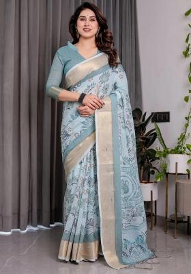 Aqua Embroidered Linen Saree Set