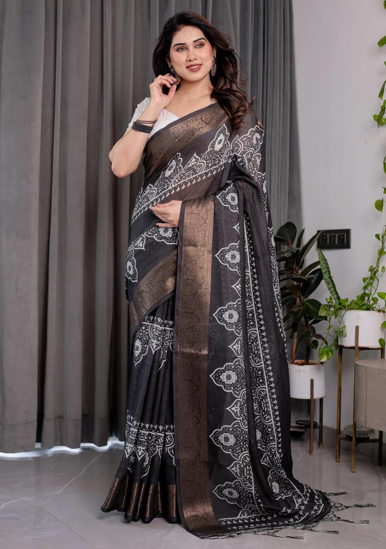 Black Embroidered Linen Saree Set - Indya