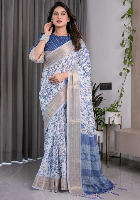 Blue Embroidered Linen Saree Set