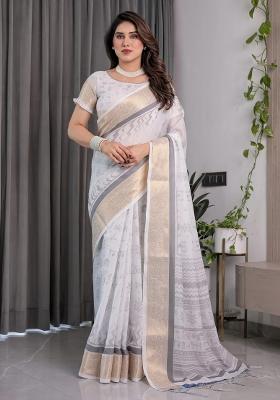 Grey Embroidered Linen Saree Set