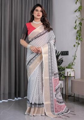 Ivory Embroidered Linen Saree Set