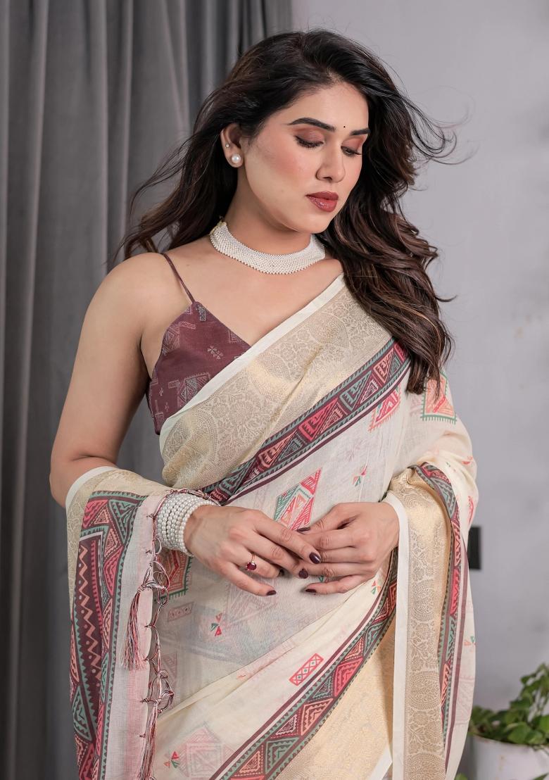 Ivory Embroidered Linen Saree Set - Indya