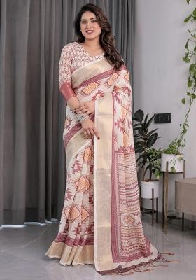 Beige Embroidered Linen Saree Set