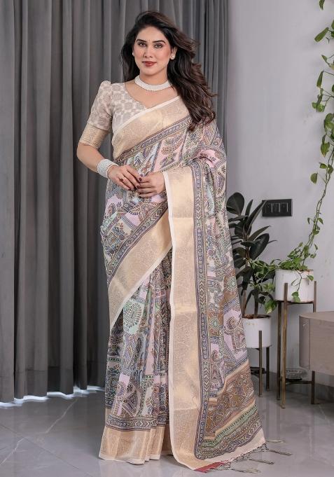 Beige Embroidered Linen Saree Set