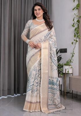 Beige Embroidered Linen Saree Set