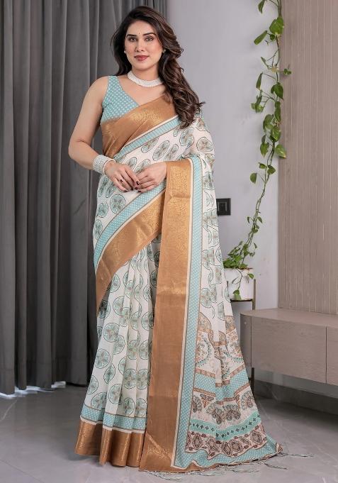 Ivory Embroidered Linen Saree Set
