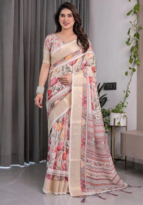 Cream Embroidered Linen Saree Set