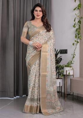 Beige Embroidered Linen Saree Set