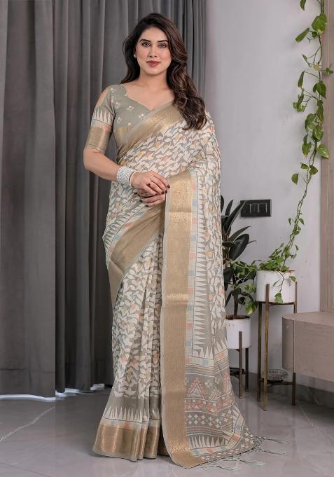 Beige Embroidered Linen Saree Set