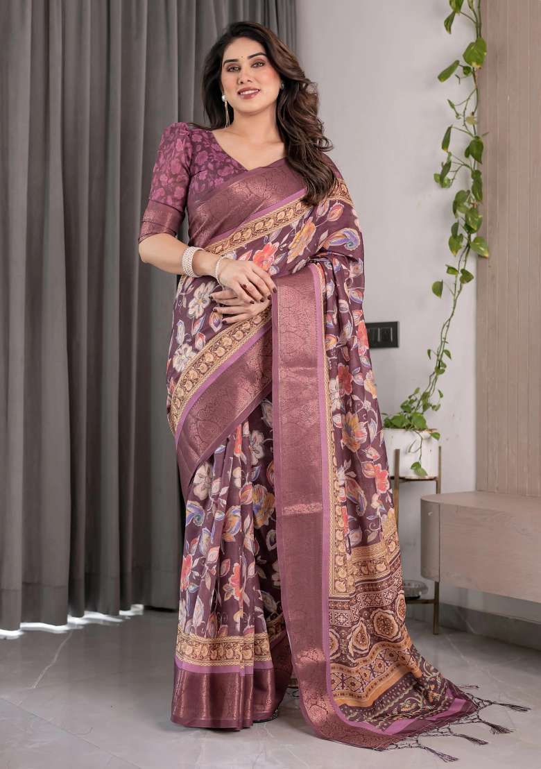 Purple Embroidered Linen Saree Set - Indya