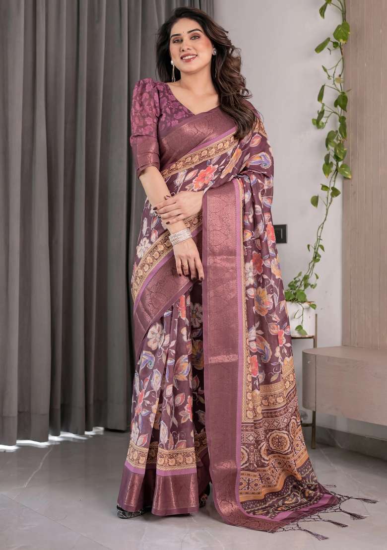 Purple Embroidered Linen Saree Set - Indya