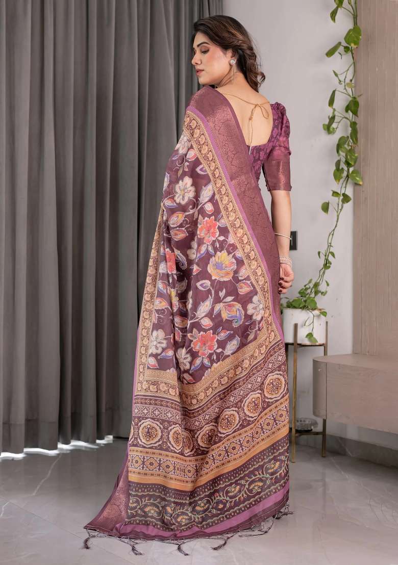 Purple Embroidered Linen Saree Set - Indya