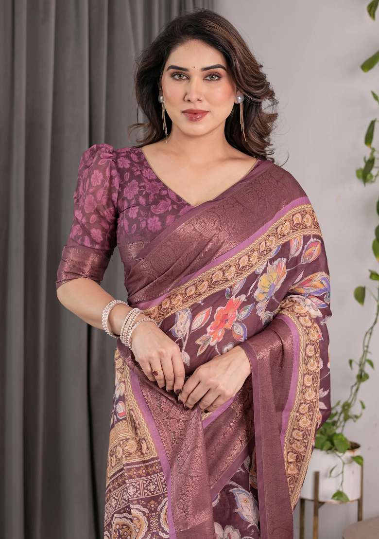 Purple Embroidered Linen Saree Set - Indya