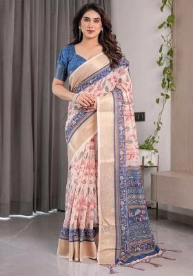 Pink Embroidered Linen Saree Set