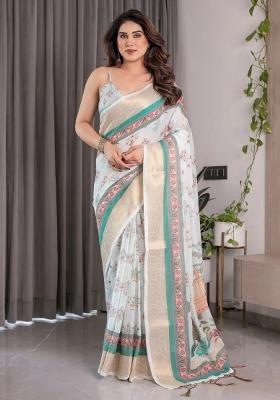 White Embroidered Linen Saree Set