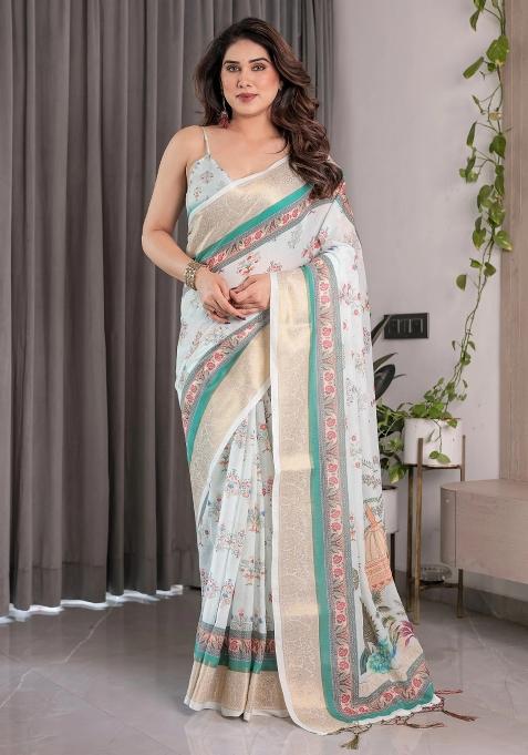 White Embroidered Linen Saree Set