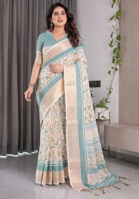 White Embroidered Linen Saree Set