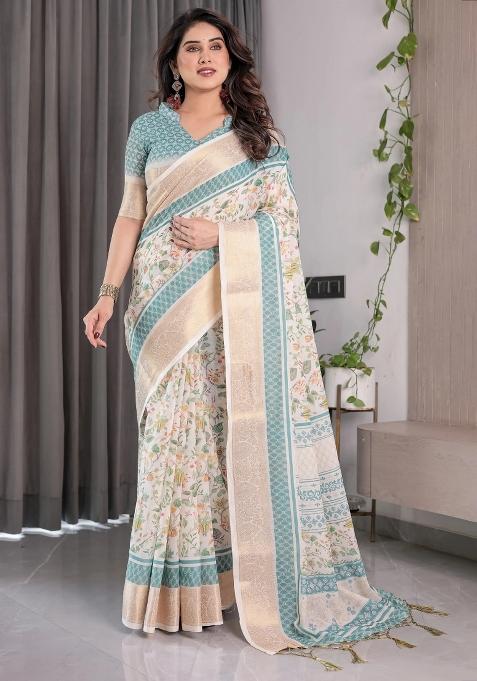 White Embroidered Linen Saree Set