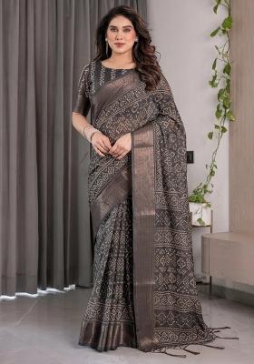 Black Embroidered Linen Saree Set