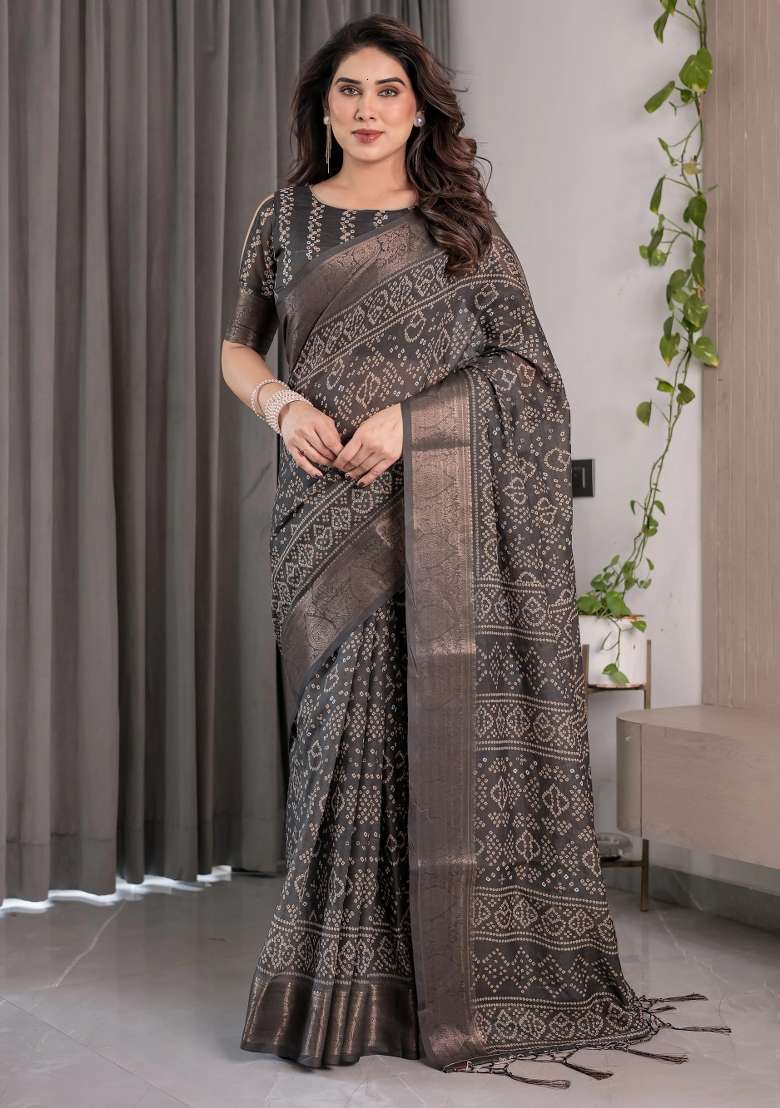Black Embroidered Linen Saree Set - Indya