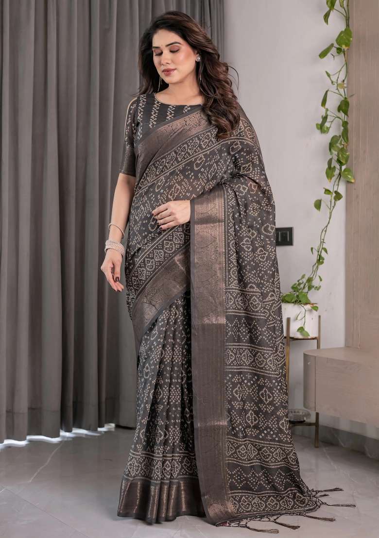 Black Embroidered Linen Saree Set - Indya