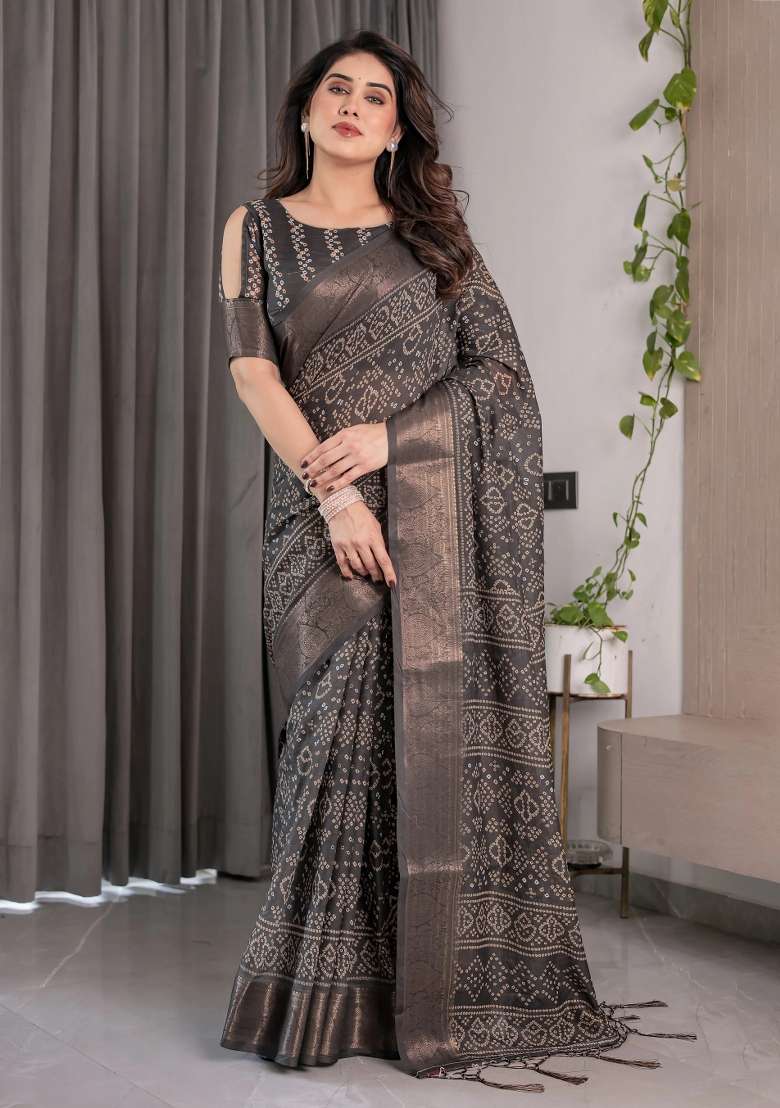Black Embroidered Linen Saree Set - Indya