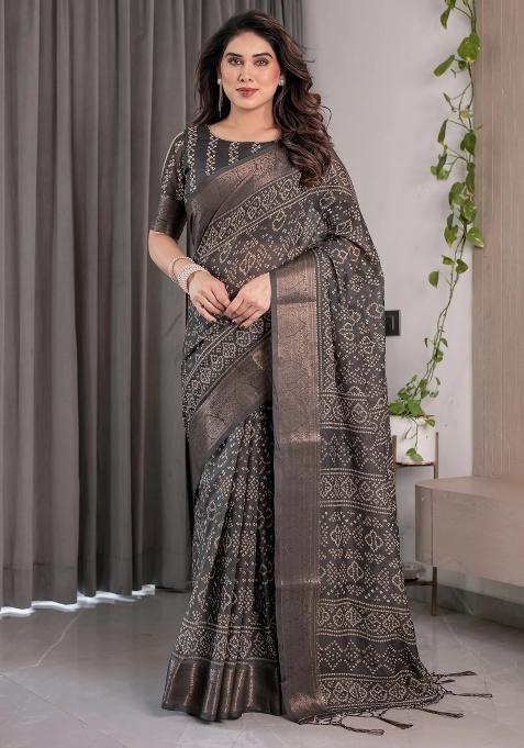 Black Embroidered Linen Saree Set