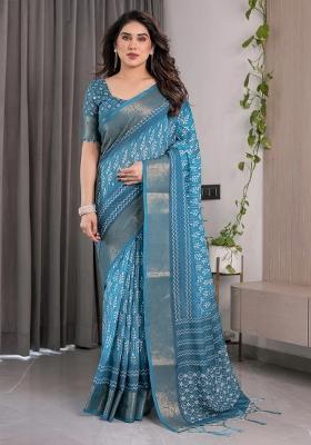 Blue Embroidered Linen Saree Set