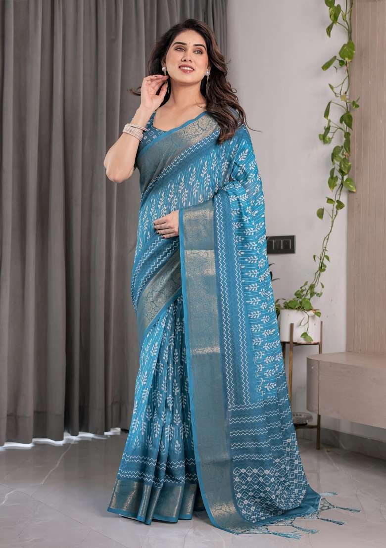 Blue Embroidered Linen Saree Set - Indya